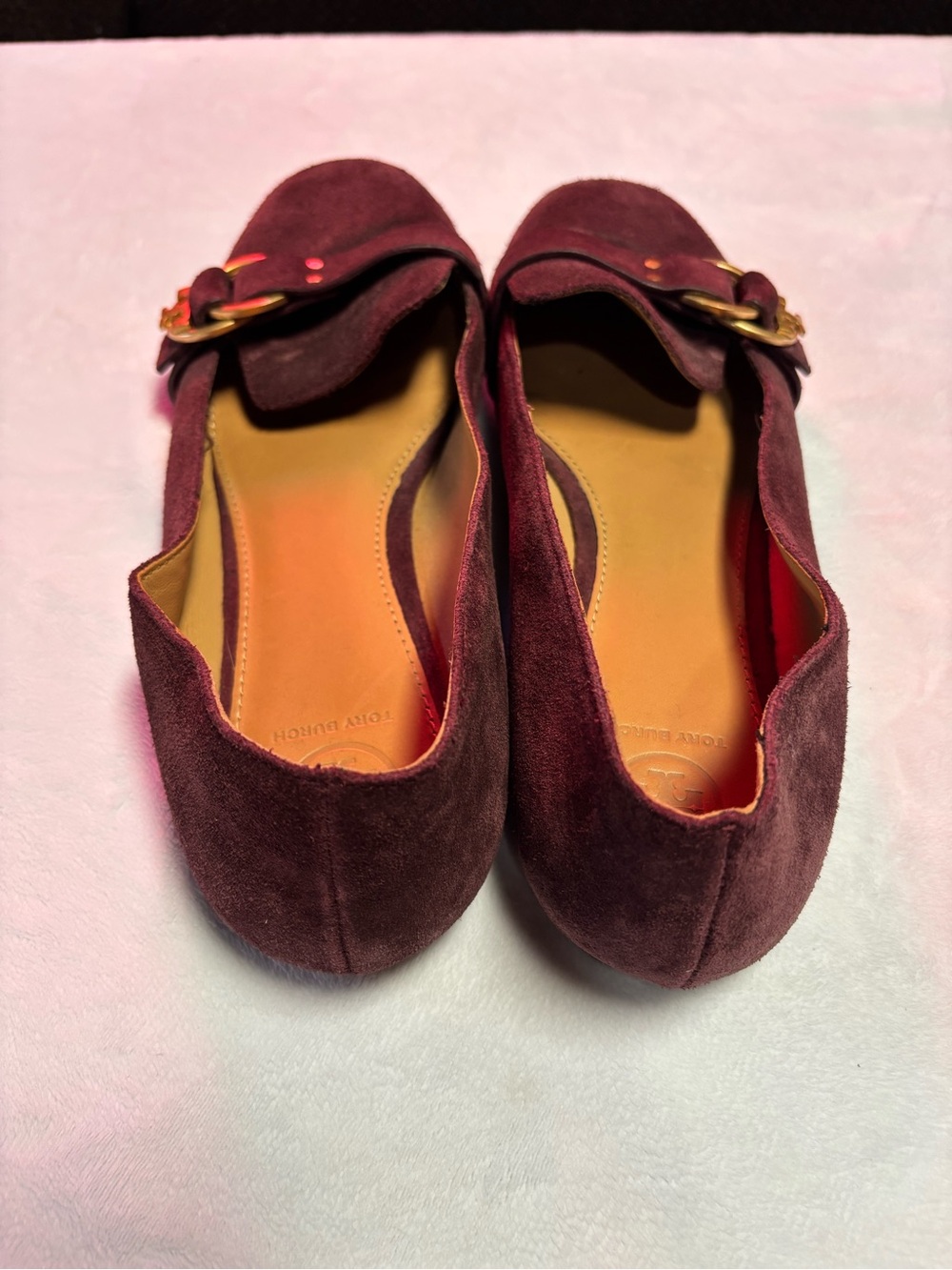 Tory Burch Marsden Burgundy Suede Loafers with Gold Buckle - Picture 3 of 8